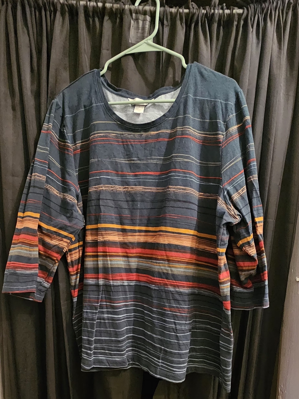 CJ Banks Navy Blue Striped Long Sleeve Tee with Red and Orange Accents